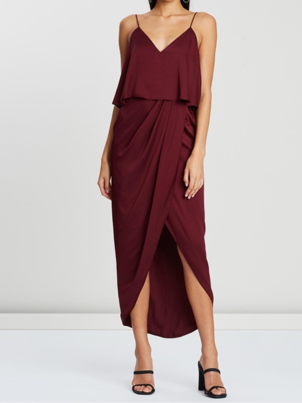 Shona Joy Woman’s Draped Luxe Cocktail Frill Spaghetti Strap Dress in Burgundy 6